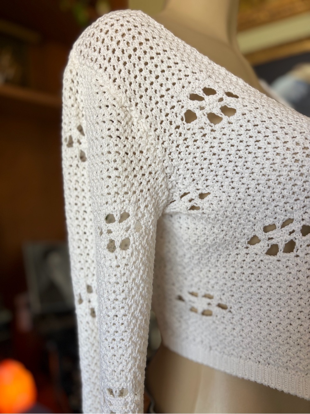 Open Crochet White Tie-Front Hippie Beachy Cardigan Boho Sweater Top Size M - Picture 4 of 16